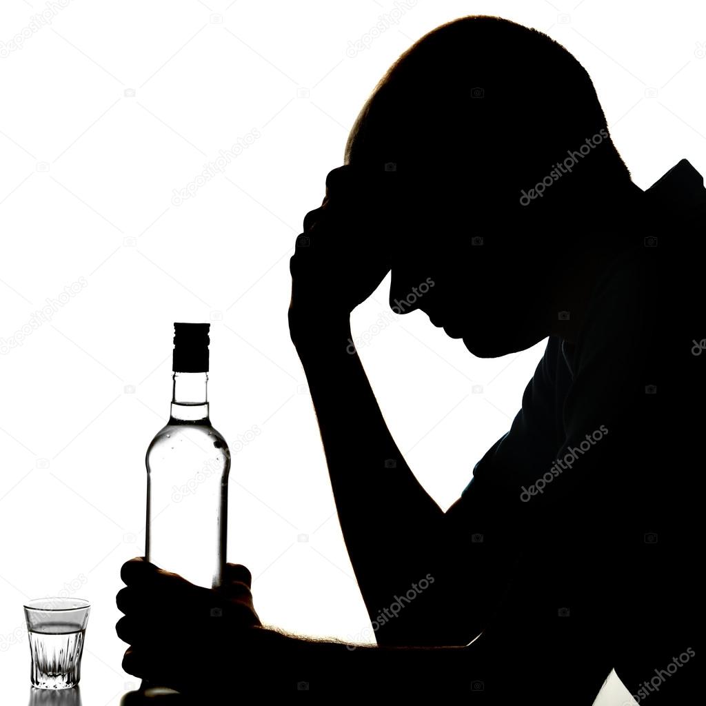 Silhouette of man with bottle of alcohol, isolated on white