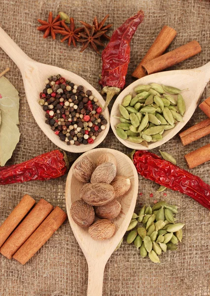 Küçük Hindistan cevizi ve diğer baharatlar çul zemin üzerine