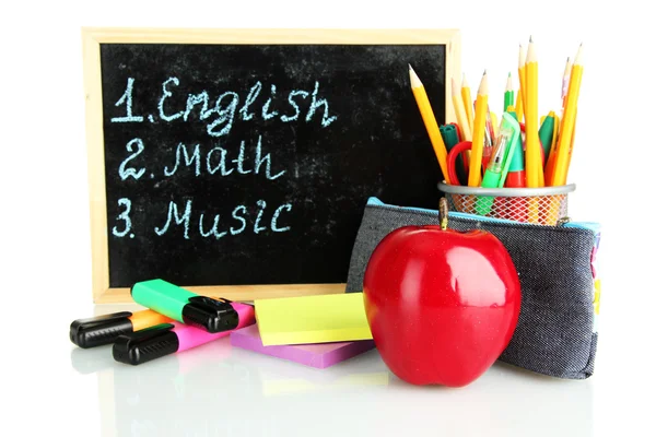 Pencil box with school equipment and timetable isolated on white — Stock Photo, Image
