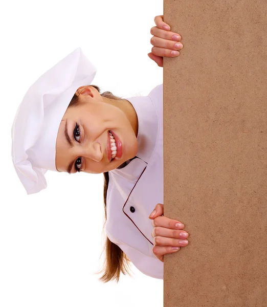 Retrato de jovem chef com placa vazia isolada em branco — Fotografia de Stock