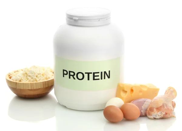 Burk proteinpulver och mat med protein, isolerad på vit — Stockfoto