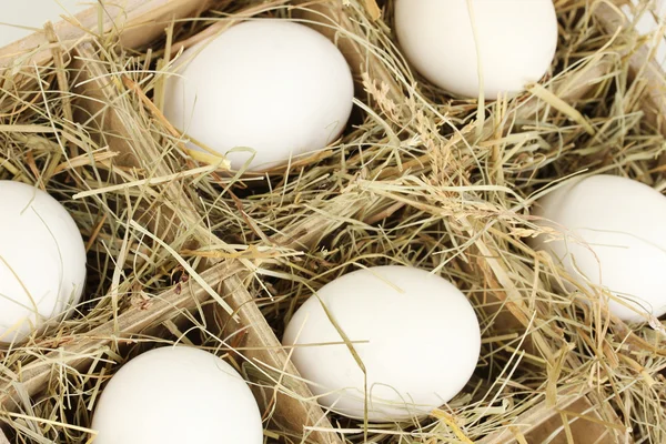 Huevos de Pascua en cesta de madera de cerca — Foto de Stock