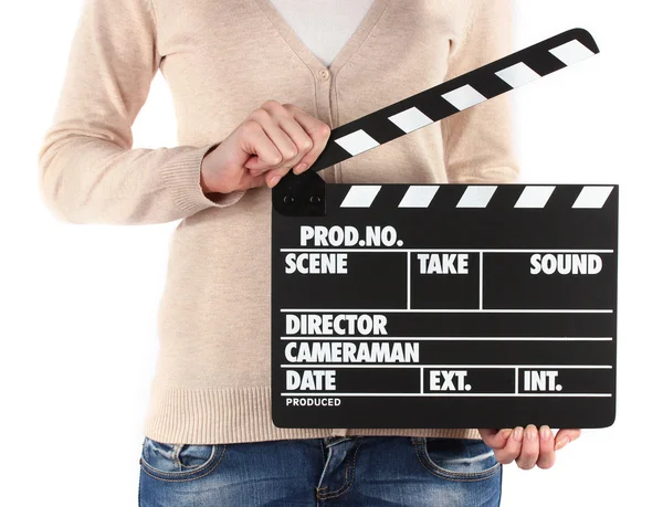 Movie production clapper board in hands isolated on white — Stock Photo, Image