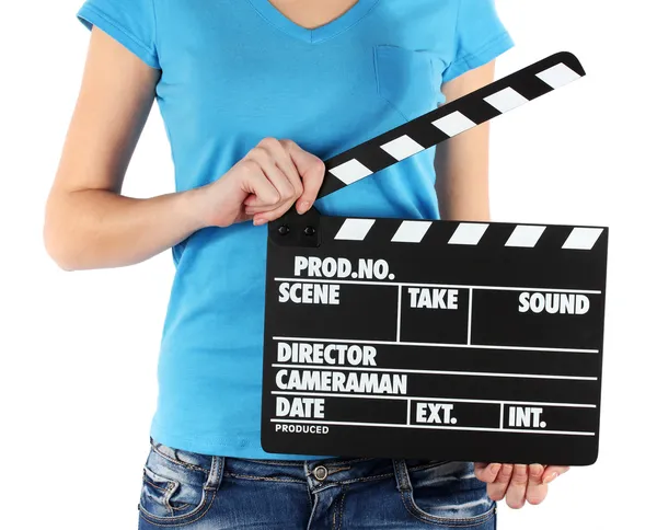 Película producción clapper board en manos aisladas en blanco — Foto de Stock