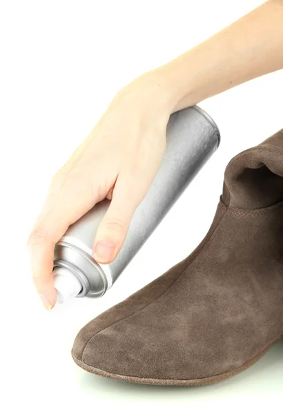 Proces van reiniging suède schoenen, geïsoleerd op wit — Stockfoto