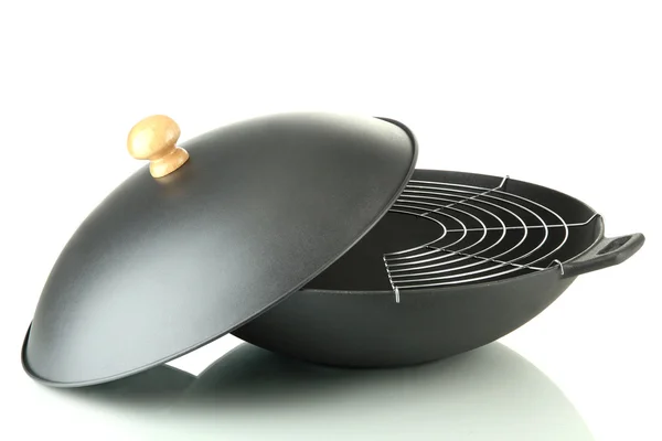 Black wok pan isolated on white — Stock Photo, Image