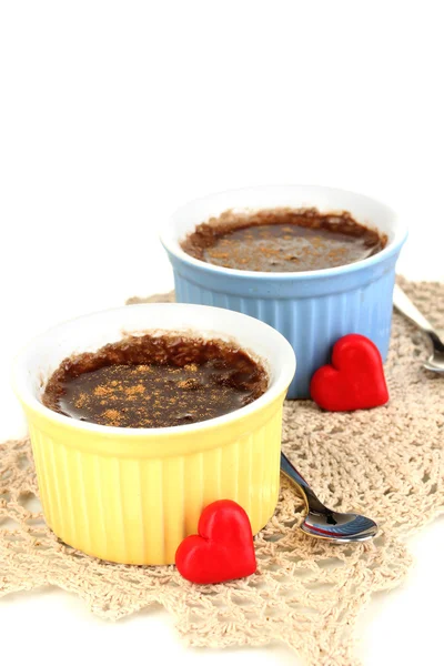 Chocolate pudding in bowls for baking isolated on white — Stock Photo, Image