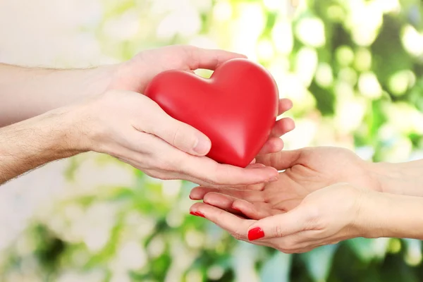 Red heart in woman and man hands, on green background — Stock Photo, Image