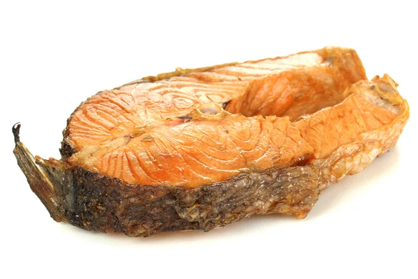 Bife de salmão grelhado apetitoso isolado em branco — Fotografia de Stock