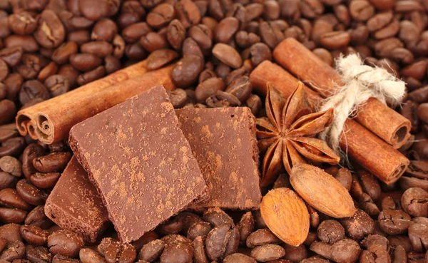 Chopped chocolate with cocoa, spices, on coffee beans background — Stock Photo, Image