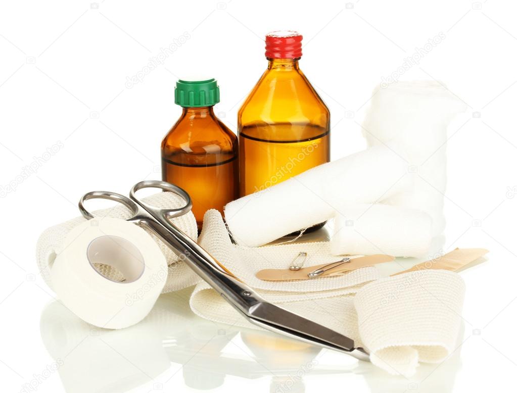 First aid kit for bandaging isolated on white