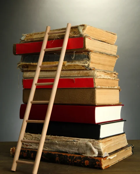 Oude boeken en houten ladder, op grijze achtergrond — Stockfoto