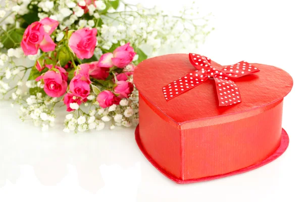 Giftbox and flowers isolated on white — Stock Photo, Image