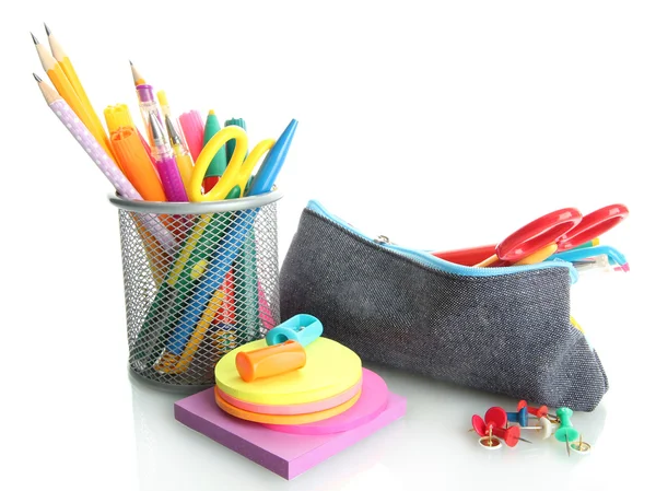 Pencil box with school equipment isolated on white — Stock Photo, Image