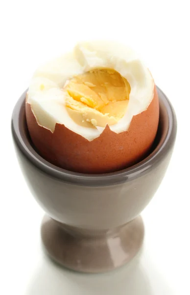 Boiled egg in egg cup, isolated on white — Stock Photo, Image