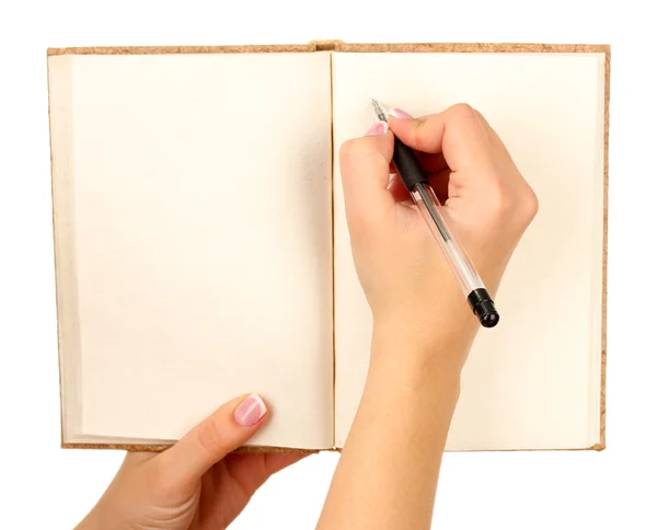 ノートブック、白で隔離される手の書き込み — ストック写真