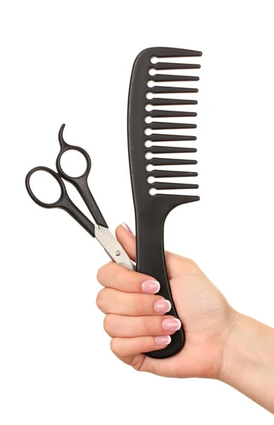 Color comb and scissors in female hand, isolated on white — Stock Photo, Image