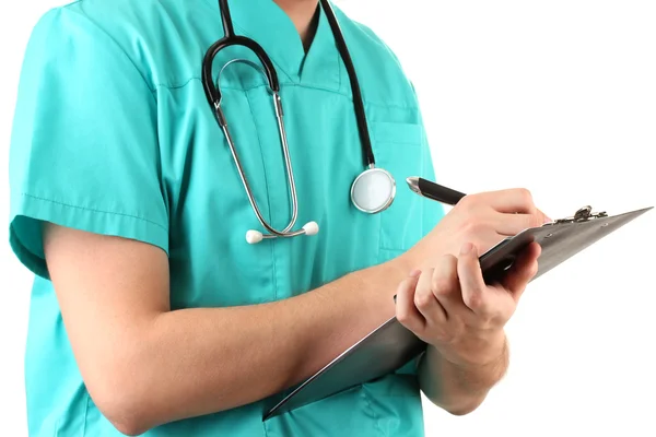 Mão de médico com caneta escrita sob prescrição em branco, isolado em branco — Fotografia de Stock