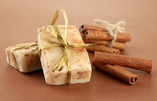 Natural handmade soap, on brown background Stock Photo