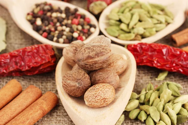 Nutmeg and other spices on sackcloth background — Stock Photo, Image