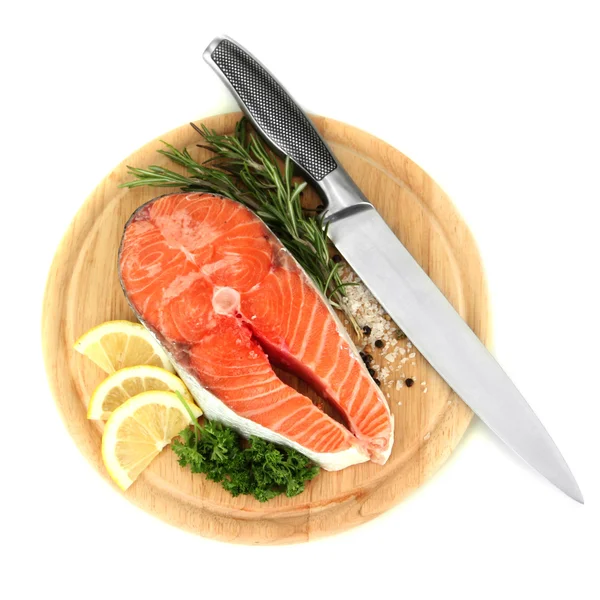 Fresh salmon steak on cutting board, isolated on white — Stock Photo, Image