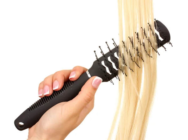 Blond curls brushing comb isolated on white — Stock Photo, Image