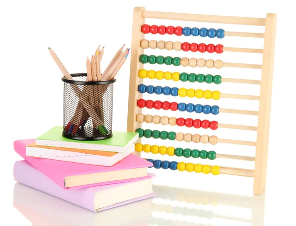 Brinquedo de madeira brilhante ábaco, livros e lápis, isolado sobre branco — Fotografia de Stock