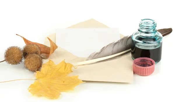 Old envelope with blank paper and autumn leafs isolated on white — Stock Photo, Image