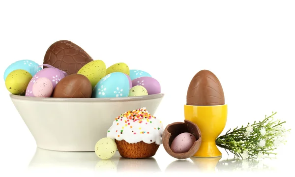Composition of chocolate eggs and Easter cake isolated on white — Stock Photo, Image