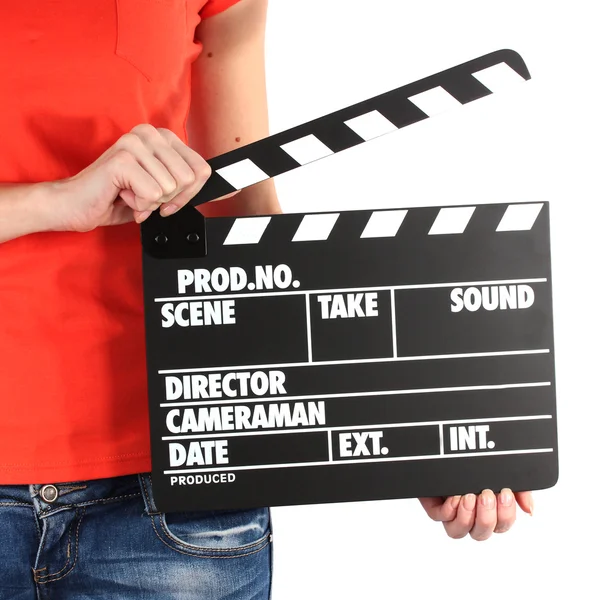 Movie production clapper board dans les mains isolées sur blanc — Photo