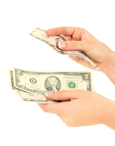 Mulher relata dólares, de perto, isolado em branco — Fotografia de Stock
