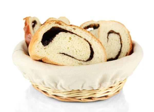 Loaf with poppy seeds in wicker basket, isolated on white — Stock Photo, Image