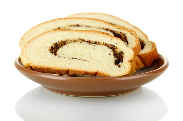 Chleb z makiem na kolor płyty, na białym tle — Zdjęcie stockowe