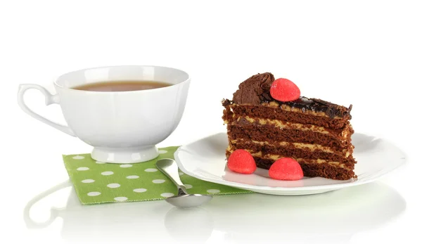 En kopp te och läcker tårta isolerad på vit — Stockfoto