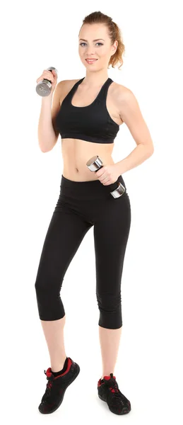 Mujer joven haciendo ejercicios de fitness con mancuerna aislada en blanco — Foto de Stock