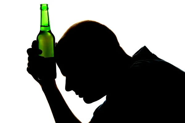 Silhouette of man with bottle of alcohol, isolated on white — Stock Photo, Image