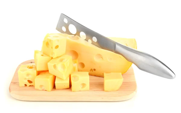 Cut cheese with knife on board isolated on white Royalty Free Stock Photos