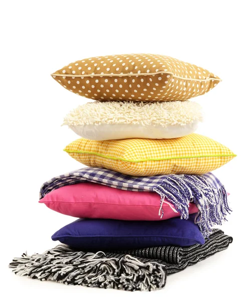 Hill colorful pillows and plaids isolated on white — Stock Photo, Image