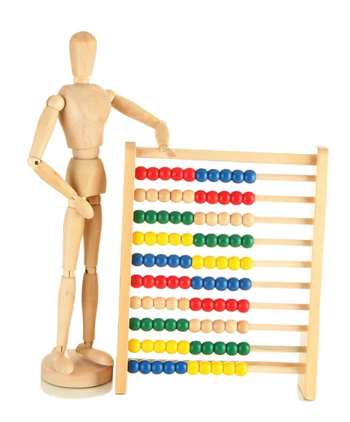 Heldere speelgoed abacus en houten pop, geïsoleerd op wit — Stockfoto