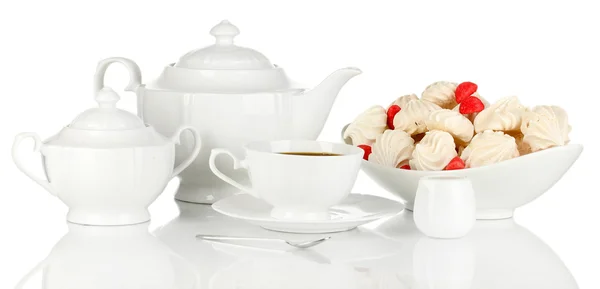 Beautiful white dinner service with an air meringues isolated on white — Stock Photo, Image