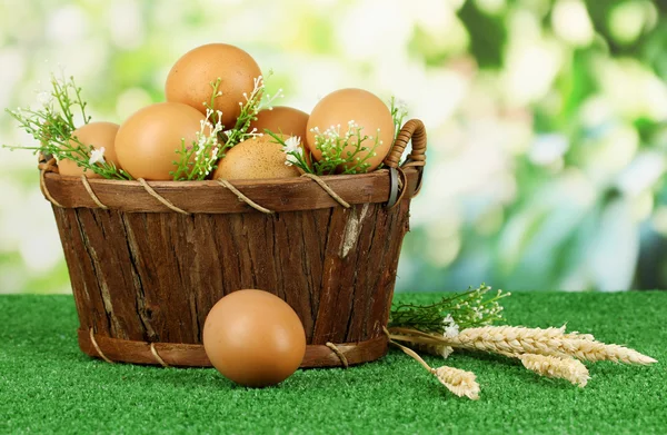 Eier im Korb auf Gras auf natürlichem Hintergrund — Stockfoto