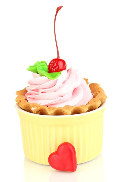 Cake with cherry in bowl for baking isolated on white — Stock Photo, Image