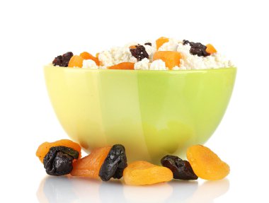 Cottage cheese in color bowl with fruits, isolated on white