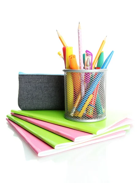 Pencil box with school equipment isolated on white — Stock Photo, Image