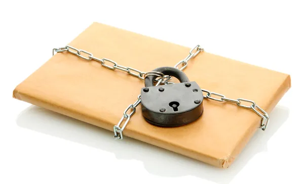 Parcel with chain and padlock, isolated on white — Stock Photo, Image