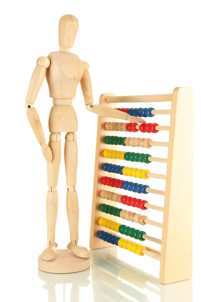 Bright toy abacus and wooden dummy, isolated on white — Stock Photo, Image