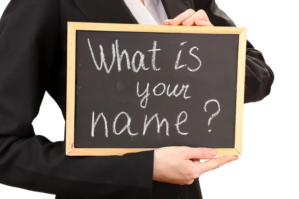 Young woman holding sign What — Stock Photo, Image