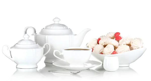 Beautiful white dinner service with an air meringues isolated on white — Stock Photo, Image