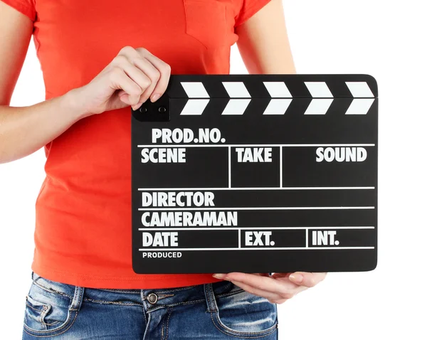 Movie production clapper board in hands isolated on white — Stock Photo, Image