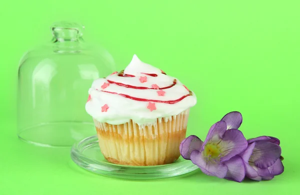 Cupcake sur soucoupe avec couvercle en verre, sur fond de couleur — Photo